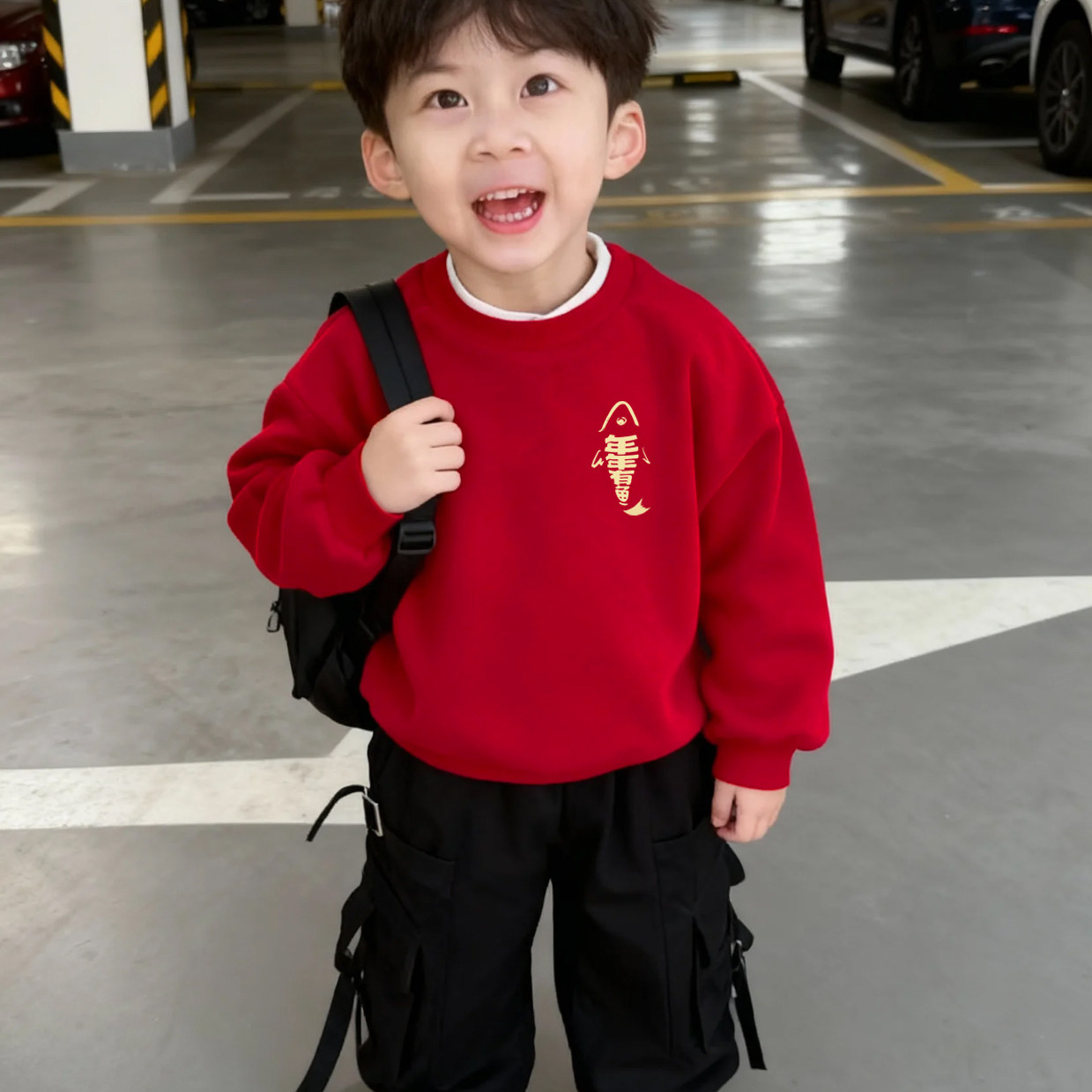 儿童红色马年圆领卫衣加绒喜庆表演服男童秋冬装过年保暖上衣外套