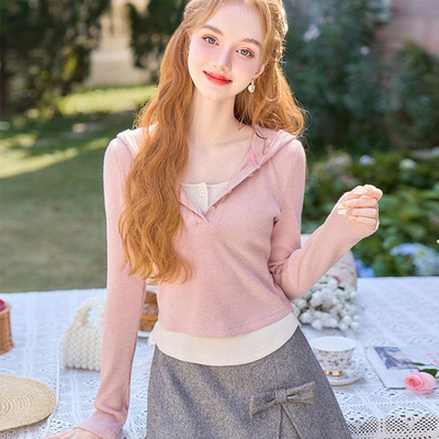 美式高级感连帽假两件长袖T恤女春秋复古设计感显瘦短款修身上衣