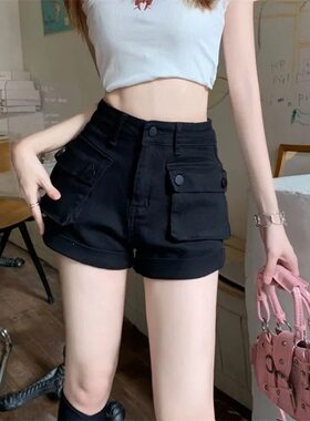 ZY629mm626黑色工装口袋牛仔短裤女夏季新高腰显瘦阔腿热裤裤子潮