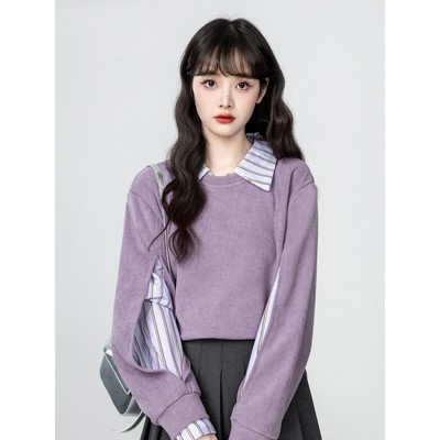 假两件卫衣女春秋2025秋新款polo领衬衫拼接宽松无帽短款上衣