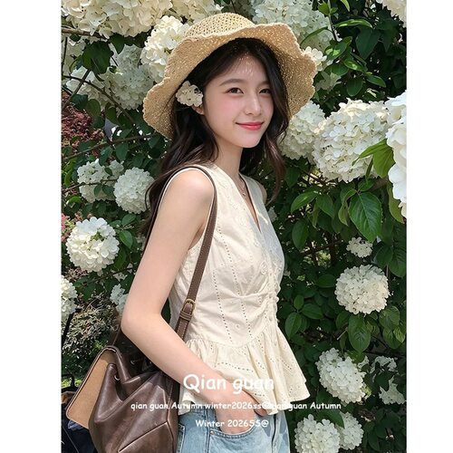 ZY723ZM715法式V领吊带背心女夏季新款镂空收腰无袖外穿短款