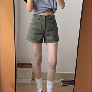 ZY64军绿色简约牛仔短裤女夏季新款高腰宽松显瘦百搭直筒阔腿裤子