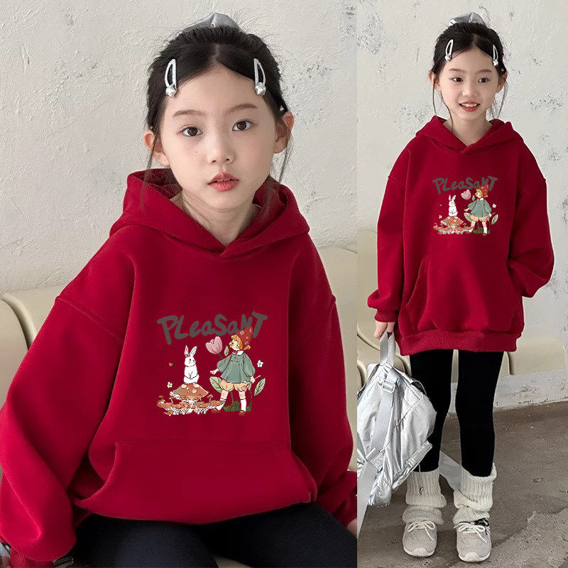 女童红色卫衣加绒秋冬2025新年儿童本命年衣服小女孩连帽拜年服潮