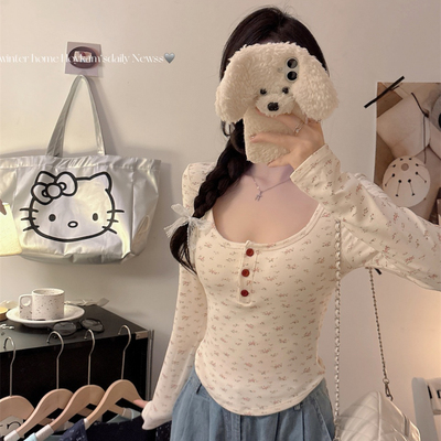 韩版方领纽扣显锁骨长袖t恤女秋冬磨毛保暖内搭小众设计修身上衣