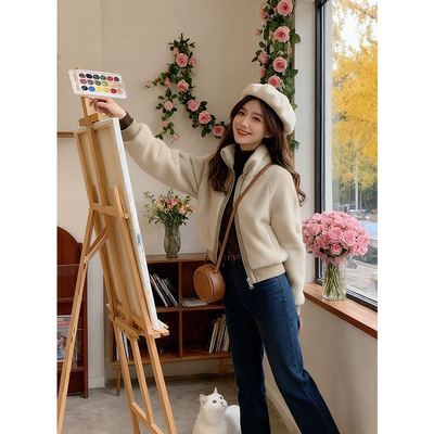 小香风短款毛绒外套女冬季潮独特漂亮的初冬浅咖色毛茸茸女装加厚