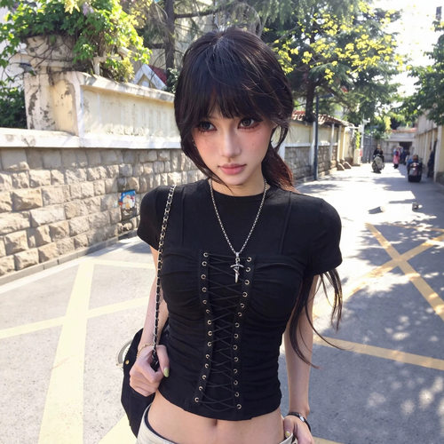 ZY729CD722 2026新款绑带褶皱收腰短袖T恤女套头上衣打底衫