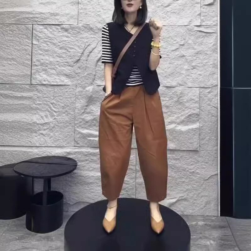 24150大爱美依缘2026夏季洋气条纹打底衫单排扣马甲休闲哈伦裤女