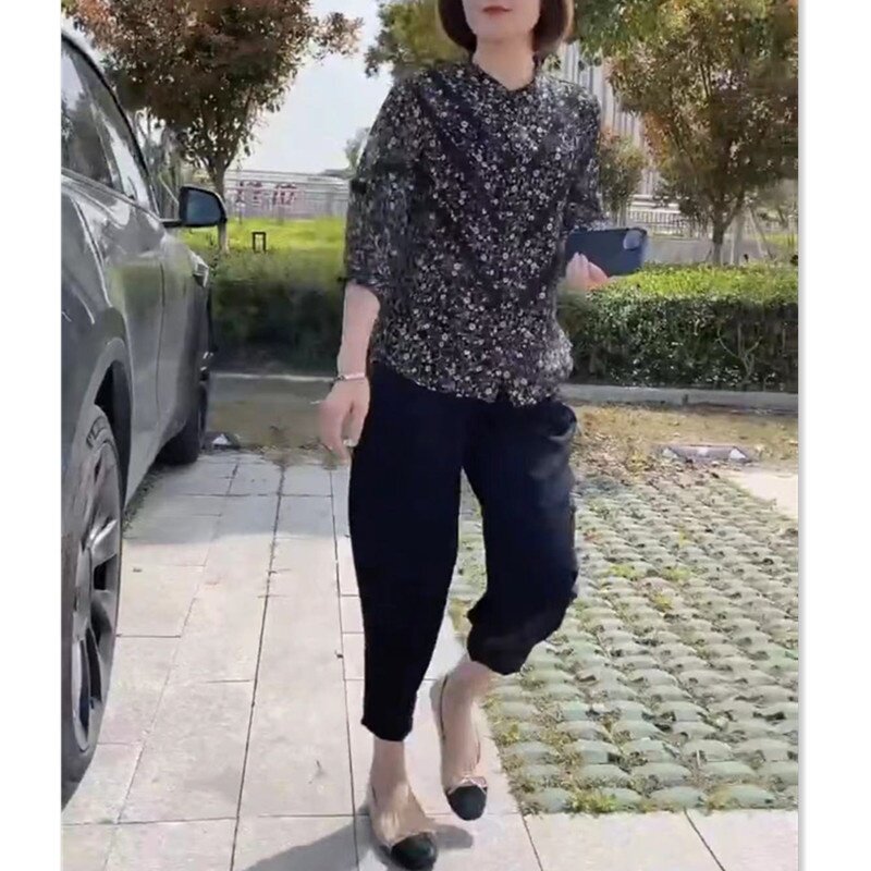 22396大爱美依缘2026夏季新款碎花中袖上衣黑色哈伦裤宽松时尚女