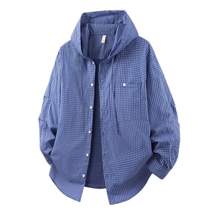 美式复古撞色格纹衬衫男女春季潮宽松慵懒风连帽外套格子衬衫百搭