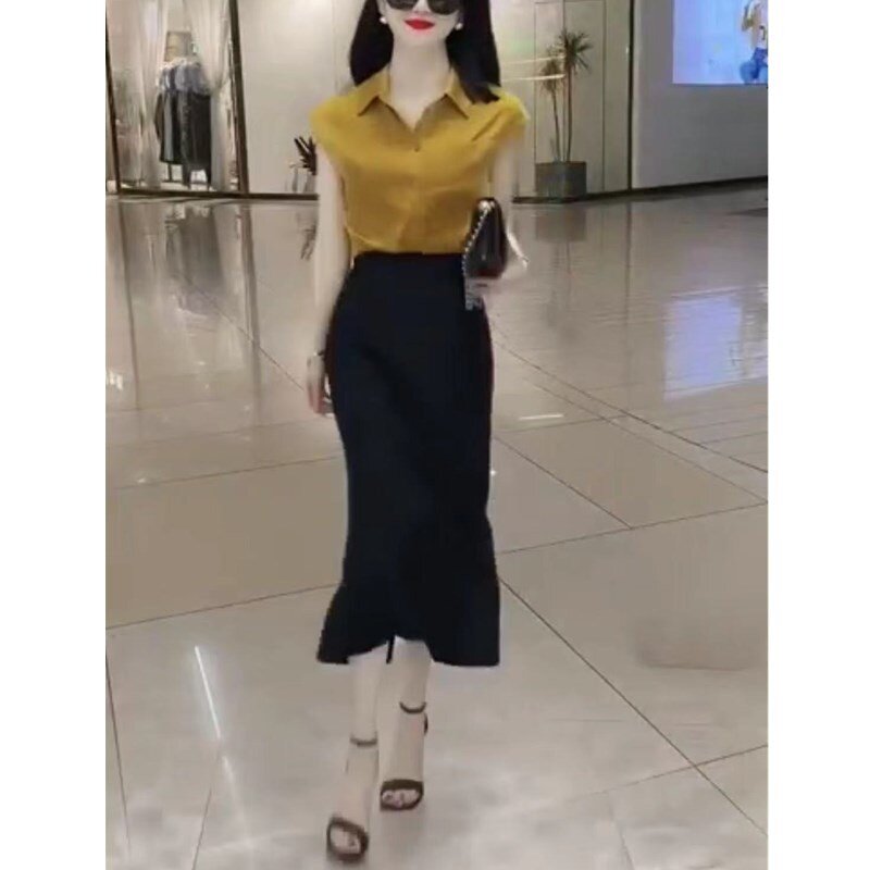 23503大爱美依缘2025夏季新款翻领净版衬衫高腰修身半身长裙女装