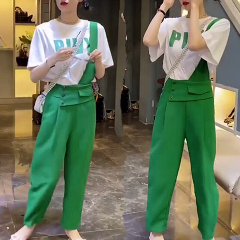发9377大爱美依缘2025夏季新款韩版白色半袖绿色背带裤时尚显瘦潮