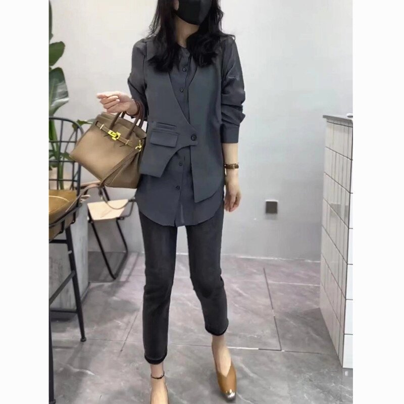 2409大爱美依缘2025早春新款时尚设计感假两件拼接衬衫+裤子女潮
