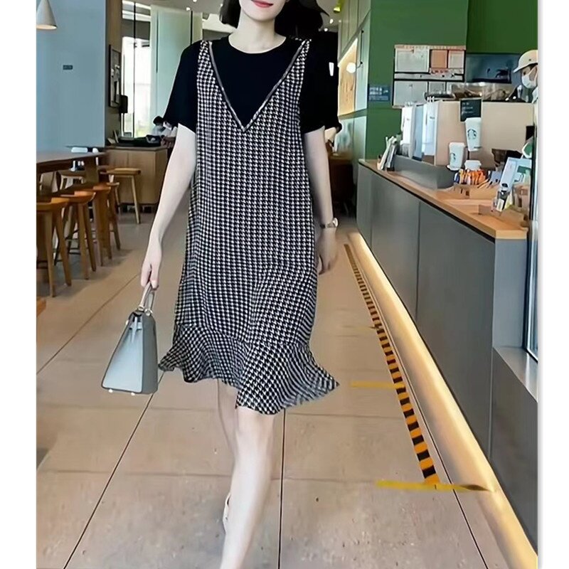 22713大爱美依缘2025新款韩版洋气学院风假两件裙子女宽松减龄潮