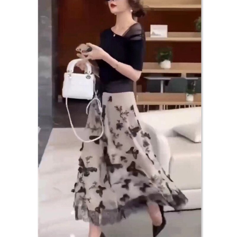 88293大爱美依缘2025夏季新款黑色修身打底衫印花半身裙显瘦女