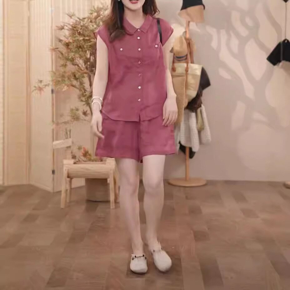 24563大爱美依缘2026夏季新款翻领无袖衬衫套装宽松阔腿短裤女装