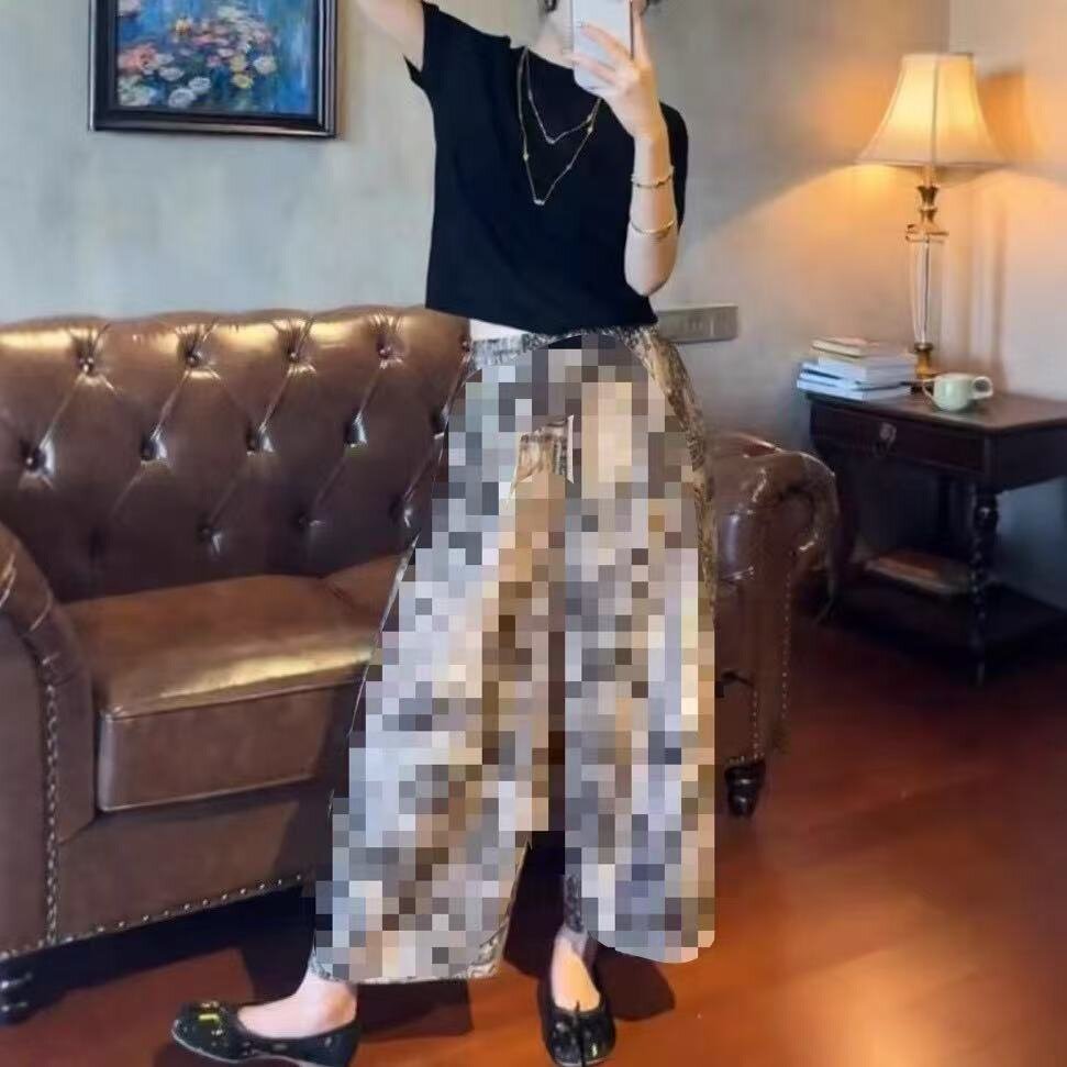 25307大爱美依缘2025夏季新款薄款纯色短袖上衣个性印花阔腿裤女