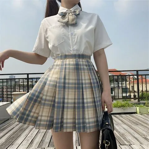 海盐百褶裙夏正版学院风套装JK制服柠檬短袖格裙衬衫日系日和风铃
