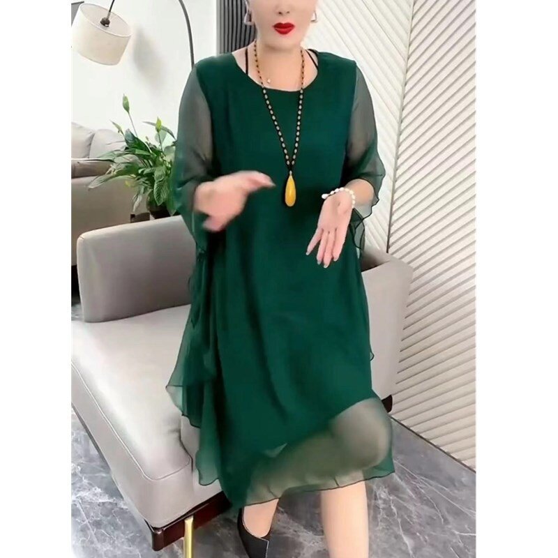 2453大爱美依缘2025时尚纯色宽松连衣裙女夏季新款荷叶边中袖女裙
