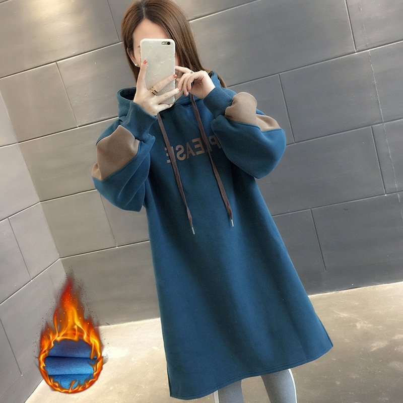 2023秋冬新款特大码中长款卫衣裙女士遮屁股洋气宽松加绒加厚外套