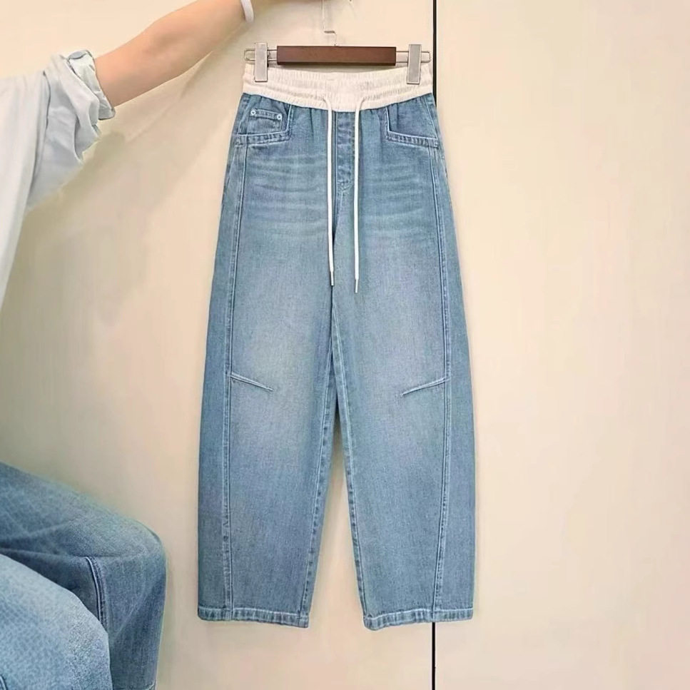 52230大爱美依缘2025新款简约高级感松紧腰垂感宽松阔腿牛仔裤女