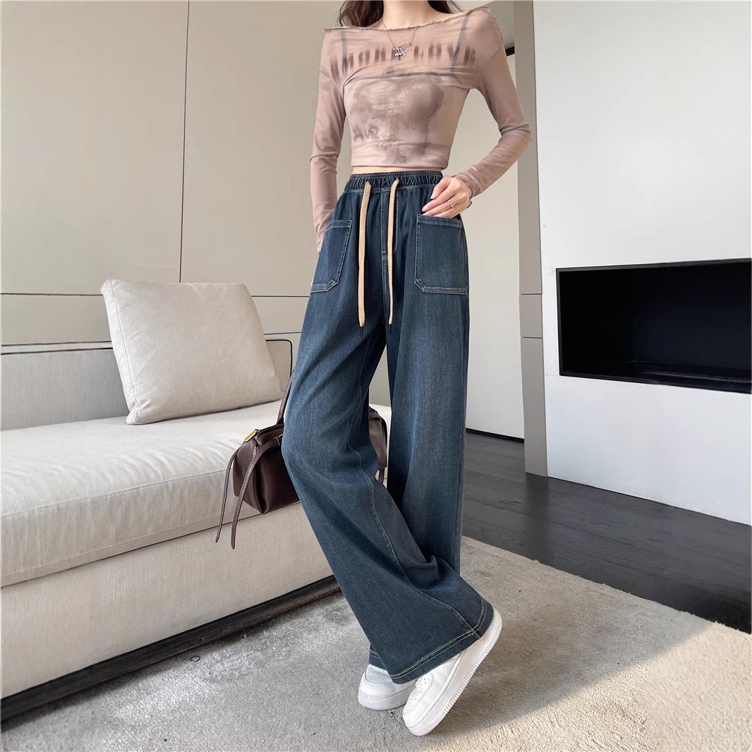 法式阔腿口袋牛仔春秋新款直筒休闲松紧腰胖MM百搭加长版拖地长裤,女装/女士精品,休闲裤,淘宝优惠券,粉丝福利购,淘宝优惠卷
