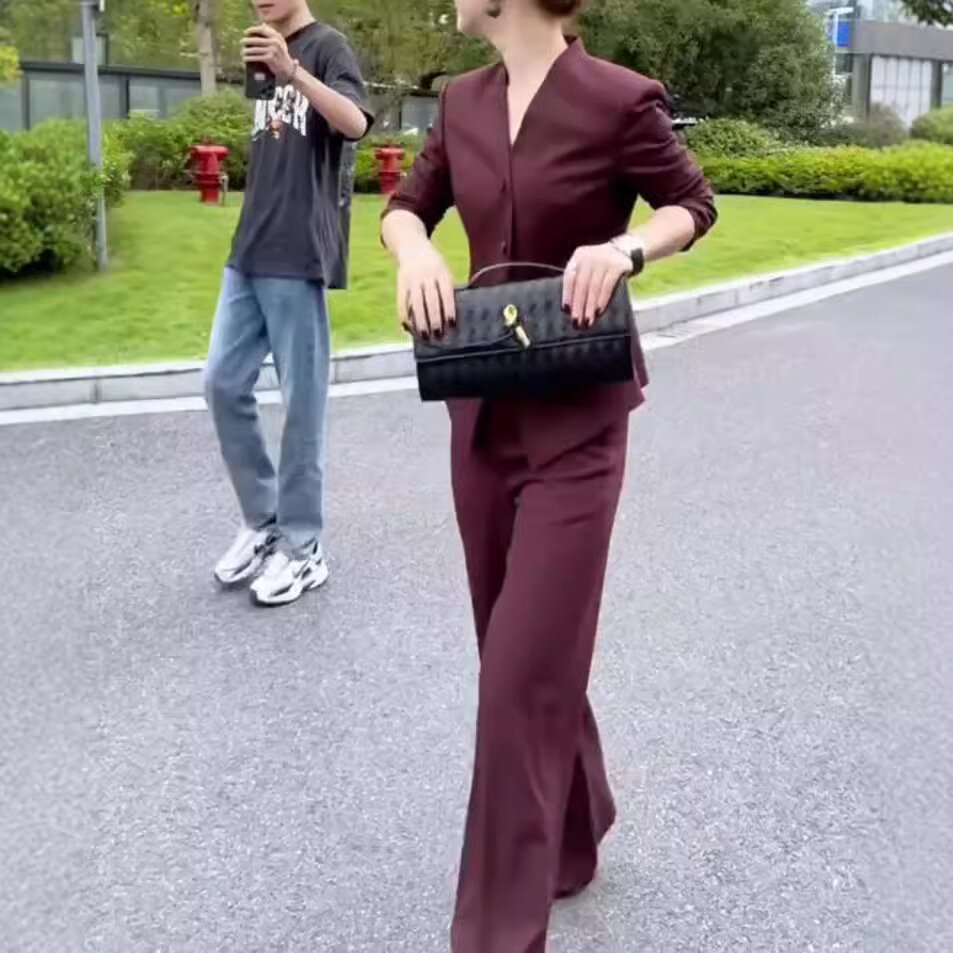 24938大爱美依缘2026新款V领修身西服外套高腰长裤干练套装职业女