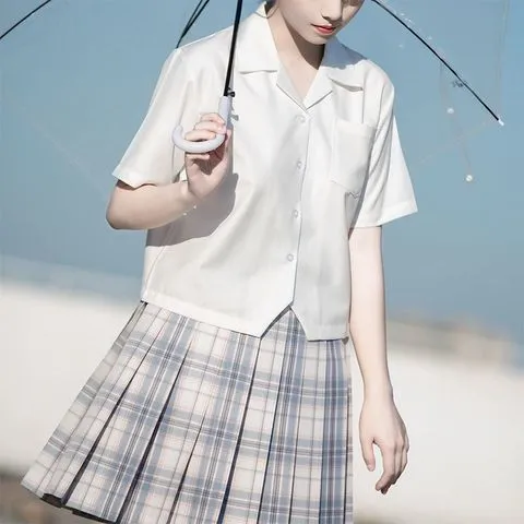 短袖衬衣jk制服正版奶白女开襟基础款衬衫短款裙上衣