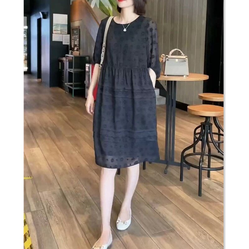 22579大爱美依缘2025夏季新款连衣裙圆领韩版时尚灯笼中长款女裙