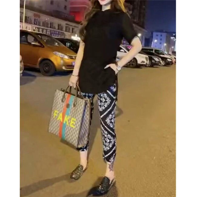 发9251大爱美依缘2025夏季新款时尚韩版黑色短袖打底修身花裤显瘦
