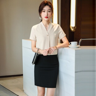 夏短袖衬衣杏色v领衬衫女气质新款正装职业打底百搭上衣裤子短裙