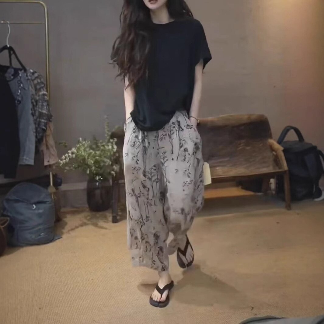 25323大爱美依缘2025夏季新款韩版黑色短袖T恤印花哈伦裤时尚显瘦