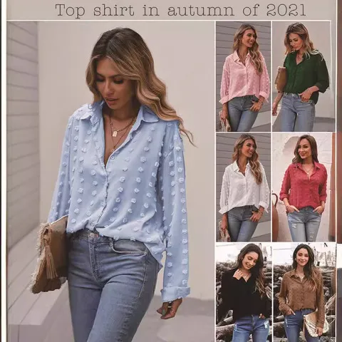 女装长袖圆点雪纺翻领衬衫特价早秋开衫提花气质上衣通勤亚马逊