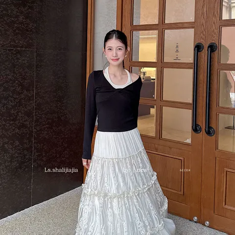 广州女装上衣早秋#新品休闲挂脖LS气质61131女2025十三行优雅