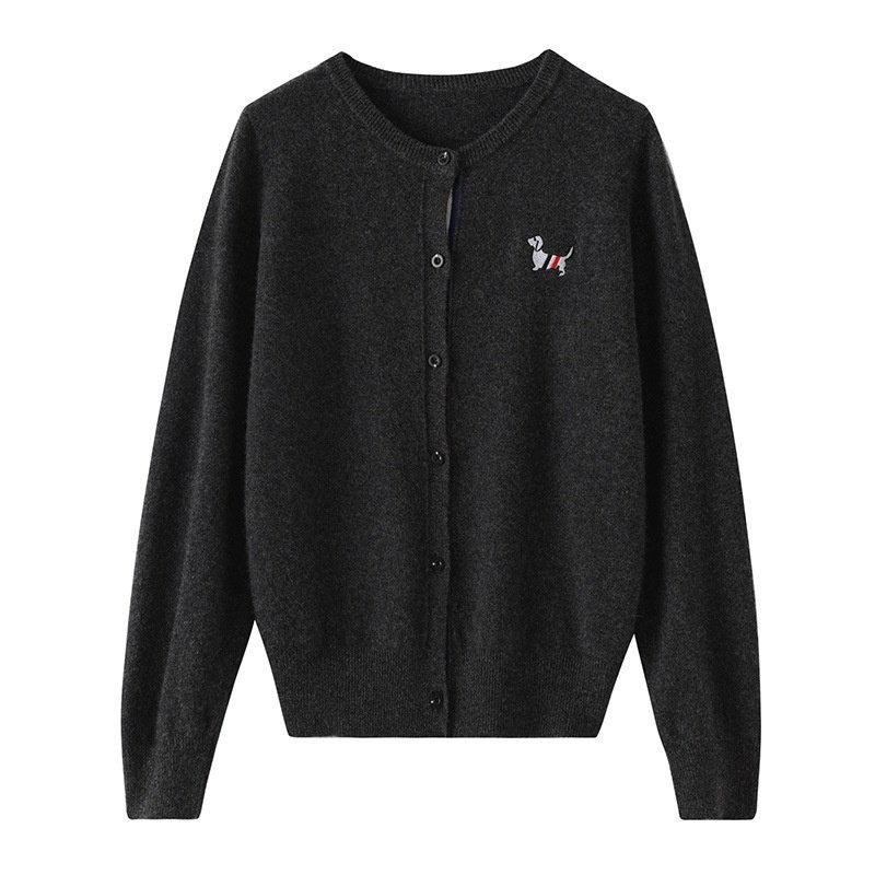 小狗刺绣100纯羊毛开衫女2024秋季新款V领毛衣外套拼色针织衫减龄