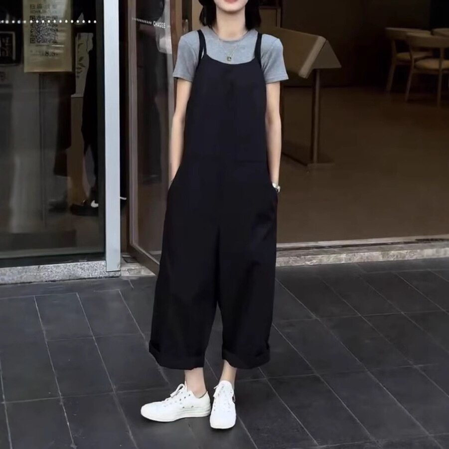 25386大爱美依缘2025夏季新款韩版时尚修身纯色T恤+阔腿背带裤潮