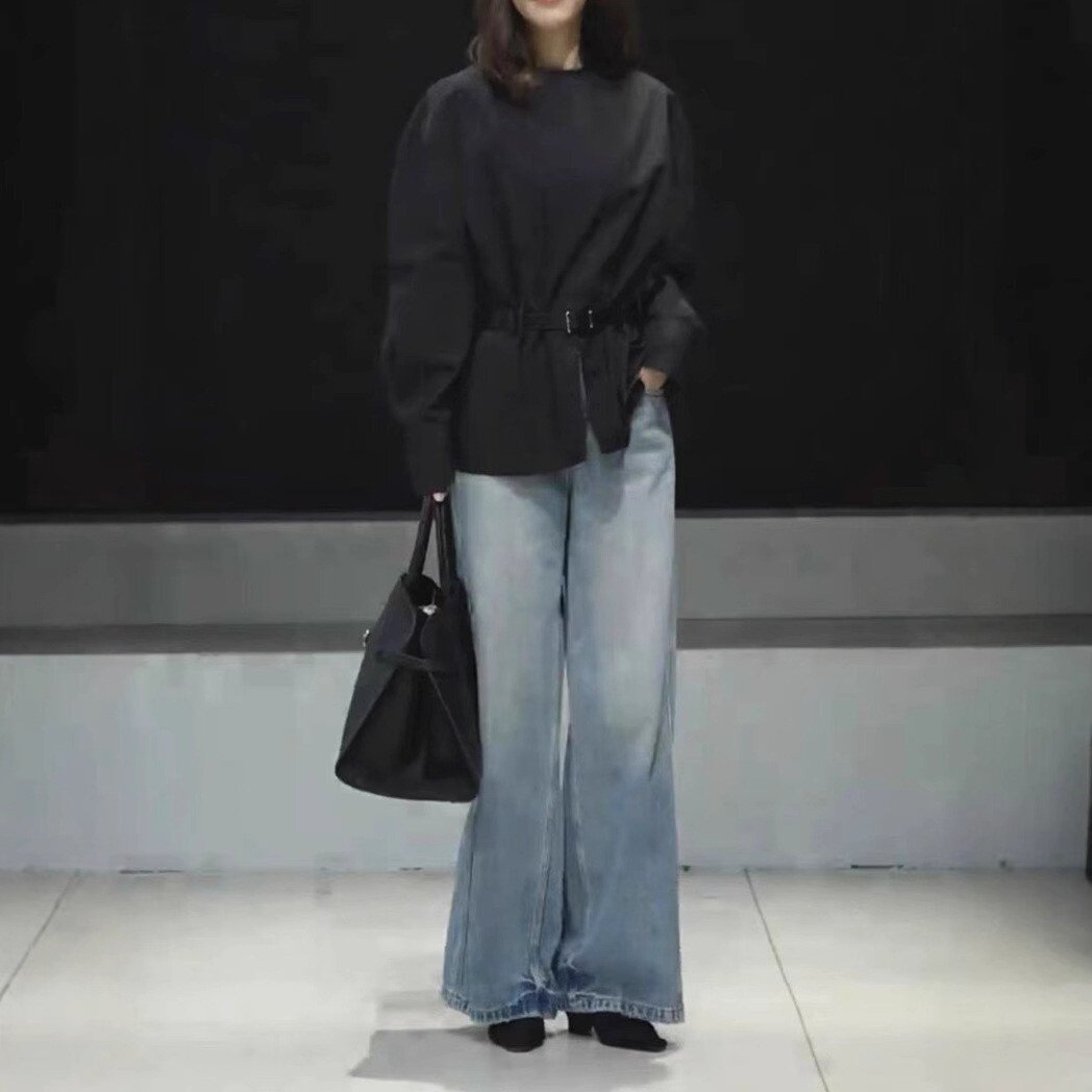 25132大爱美依缘2025春季新款长袖开叉设计感上衣宽松牛仔裤女潮
