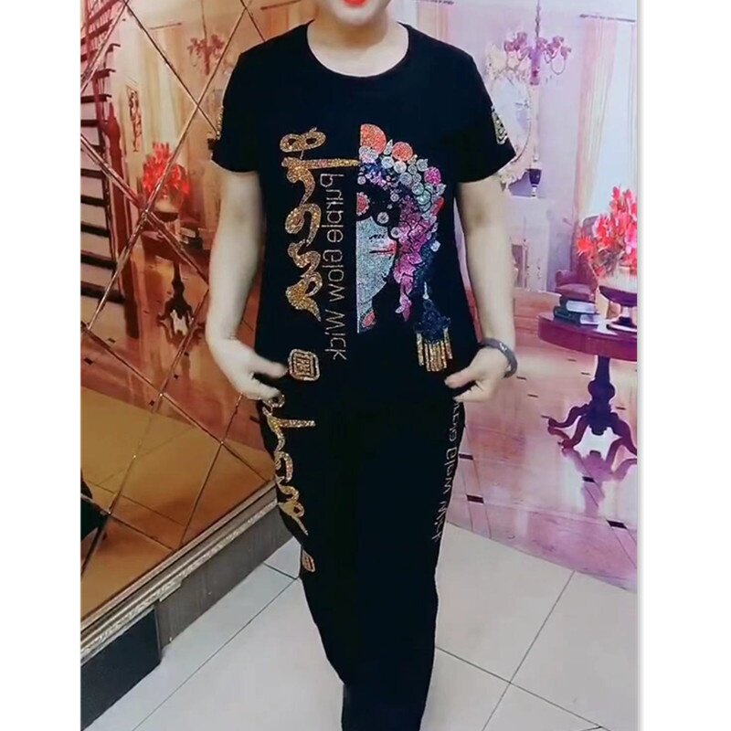 88580大爱美依缘2025秋季新款时尚重工烫钻脸谱洋气套装休闲显瘦