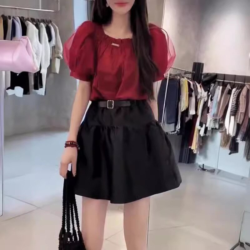 24282大爱美依缘2026夏季新款洋气泡泡袖一字肩上衣高腰蓬蓬裙女