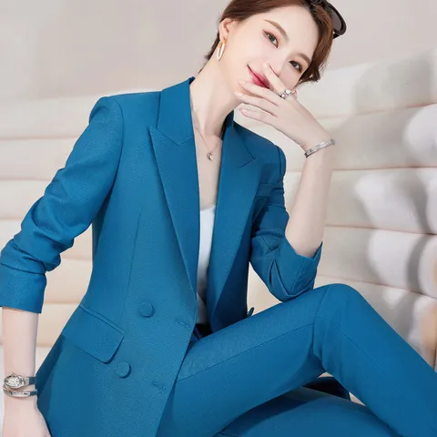 正装高端西服女神范外套蓝色秋季西装套装女士女女装气质新款职业