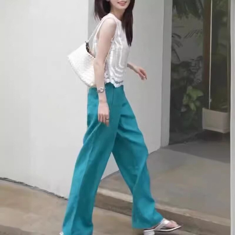24252大爱美依缘2025夏季新款高级松弛感白色镂空背心蓝裤子女装