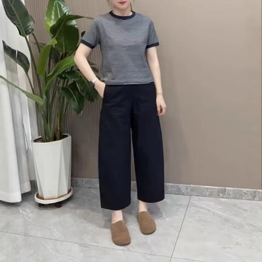 25176大爱美依缘2025夏季新款时尚圆领横条纹T恤休闲九分裤显瘦女