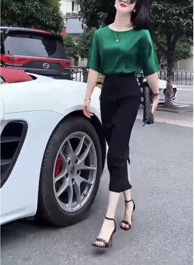 23393大爱美依缘2025夏季新款绿色净版打底衫高腰半身后开叉裙女