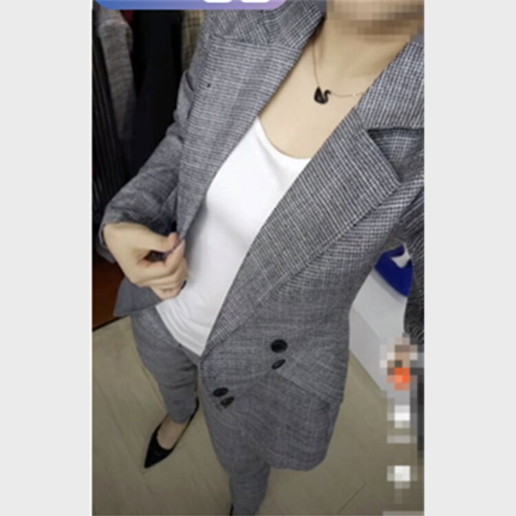发275大爱美依缘2025春季新款时尚套装千鸟格翻领上衣显瘦长裤两