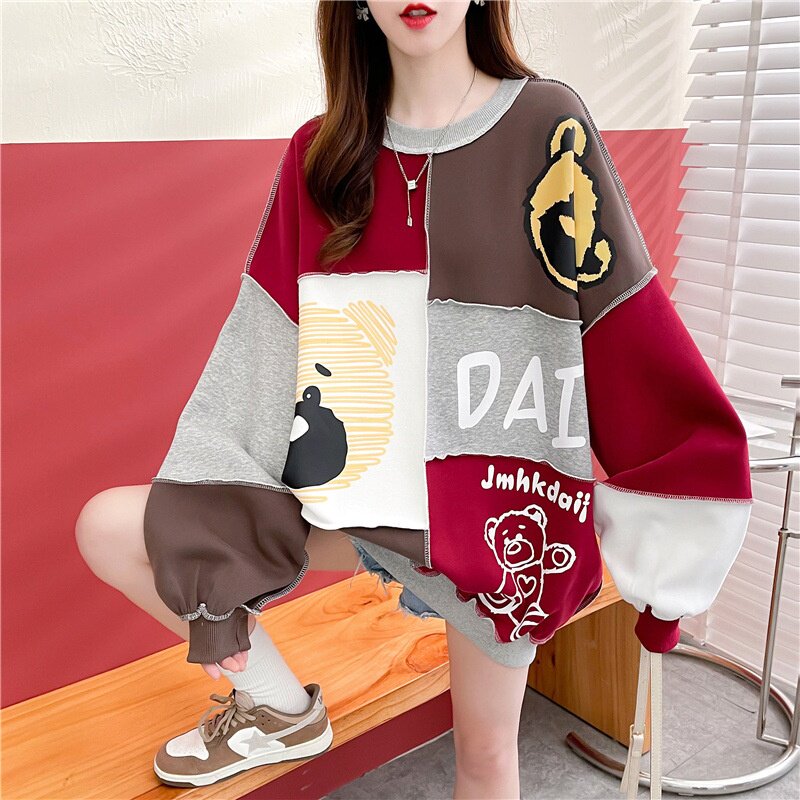 高级感撞色拼接圆领卫衣女春秋薄款胖mm时尚百搭大码遮肚卡通上衣