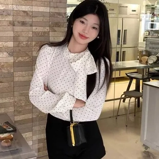 蝴蝶结风欲设计感小众上衣 法式 纯ins甜美波点长袖 系带性感T恤时尚