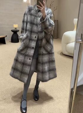 26693大爱美依缘2026秋季新款高级感格子减龄中长款宽松显瘦外套