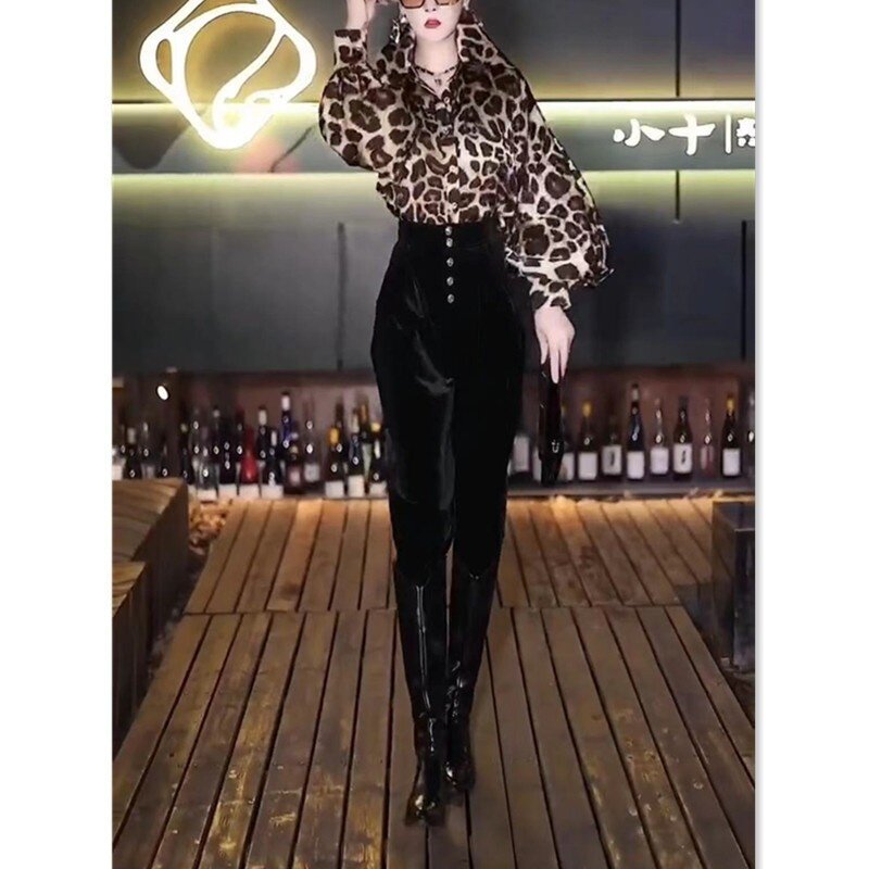 22876大爱美依缘2026秋冬新款翻领灯笼袖衬衫高腰显瘦长裤女洋气