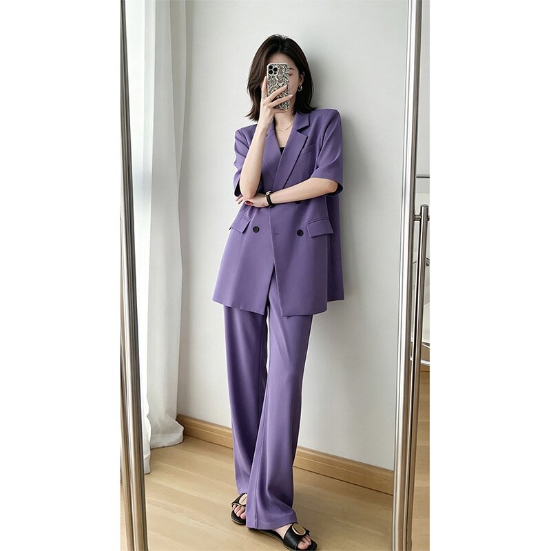 高级感大码薄款垂感西装套装女胖mm宽松休闲中长款西服外套2533