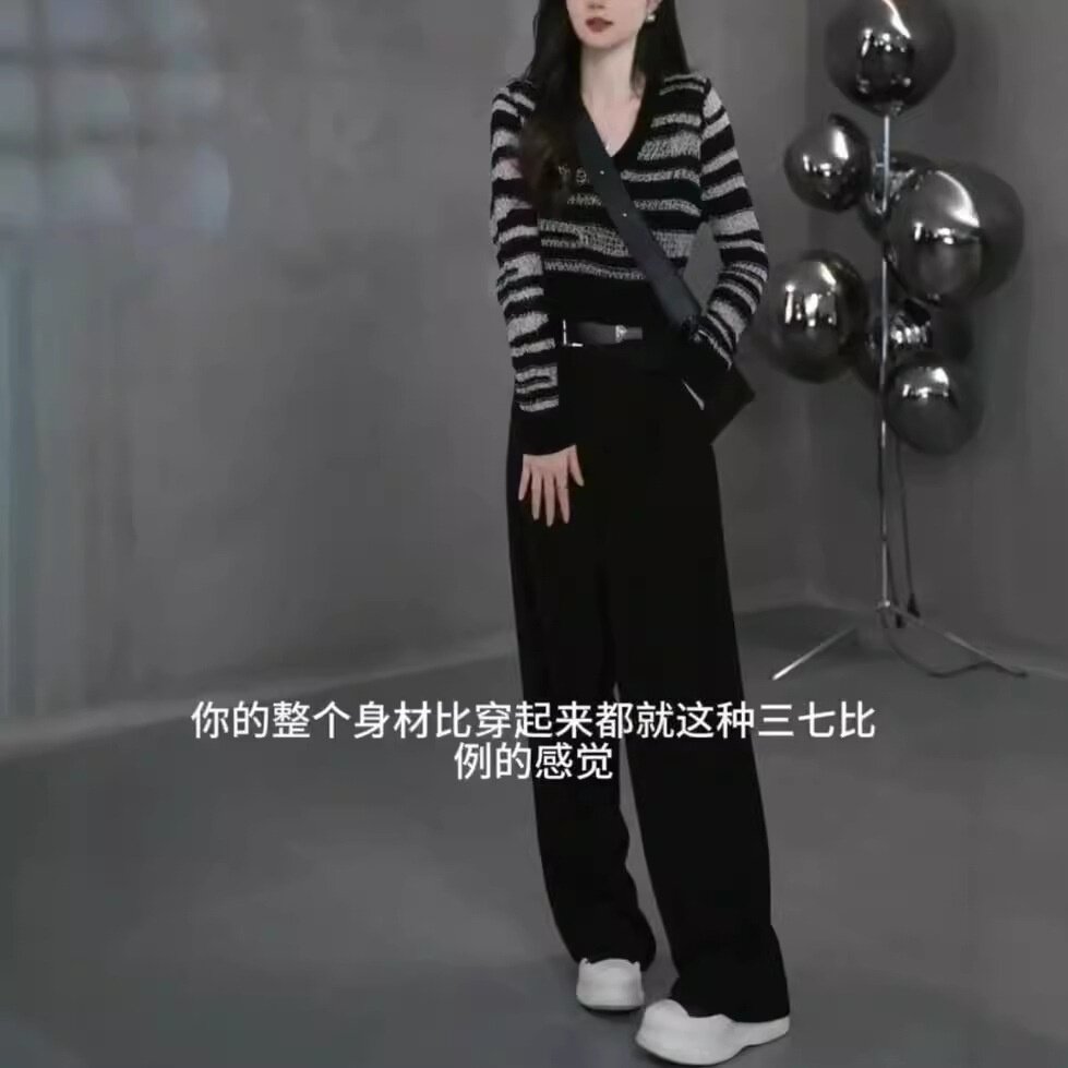 79005大爱美依缘2026秋季新款韩版V领长袖洋气上衣高腰直筒长裤女