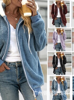 现货wish独立站2021亚马逊热卖新款秋冬宽松毛绒拉链连帽外套女